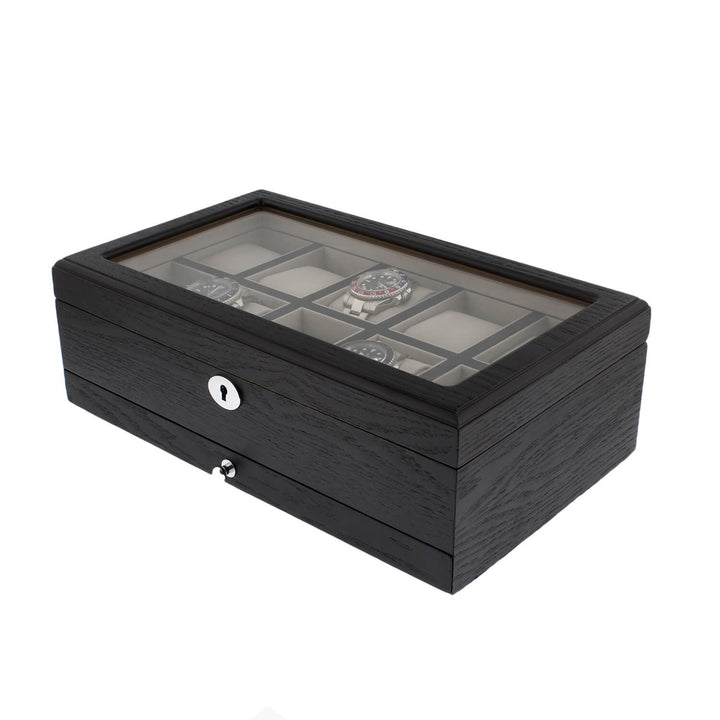 Black Oak Veneer Watch Box for 10 Watches Extra Storage Drawer Premium Quality
