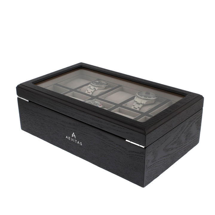 Black Oak Veneer Watch Box for 10 Watches Extra Storage Drawer Premium Quality