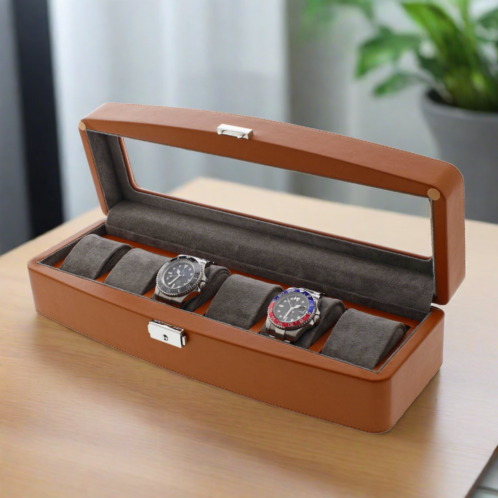 Brown Leather 6 Watch Box with Glass Lid Premium Quality by Aevitas