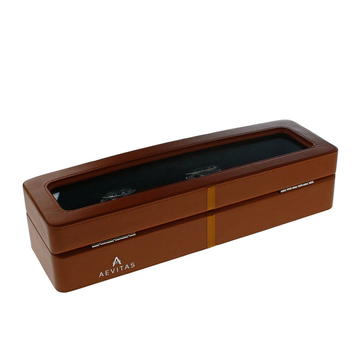 Brown Leather 6 Watch Box with Glass Lid Premium Quality by Aevitas