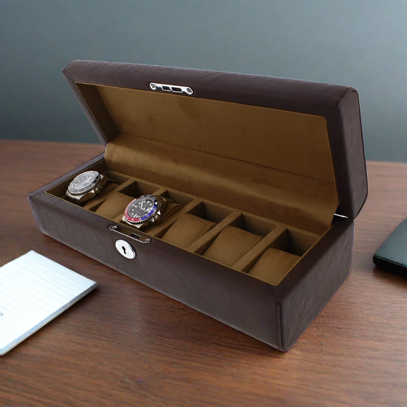 Brown Leather 6 Watch Box with Solid Lid Premium Quality by Aevitas
