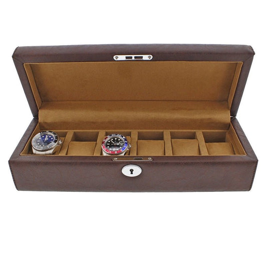 Brown Leather 6 Watch Box with Solid Lid Premium Quality by Aevitas