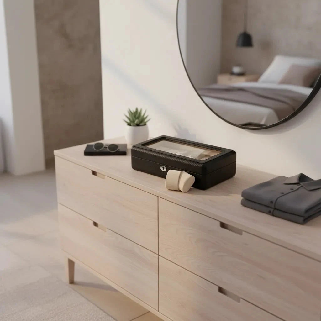 A light wood dresser displays an Aevitas Carbon Fibre Leather Watch Box (Premium Quality, holds 12 watches), sunglasses, a potted plant, and folded clothes. Above hangs a round mirror reflecting a neatly made bed in the modern bedroom.