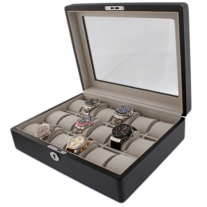 Carbon Fibre Leather Watch Box Premium Quality 18 Watches