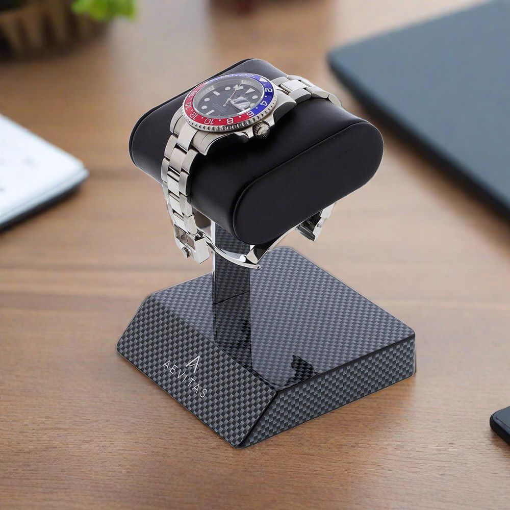 Carbon Fibre Watch Stand with Black Genuine Leather Holder by Aevitas