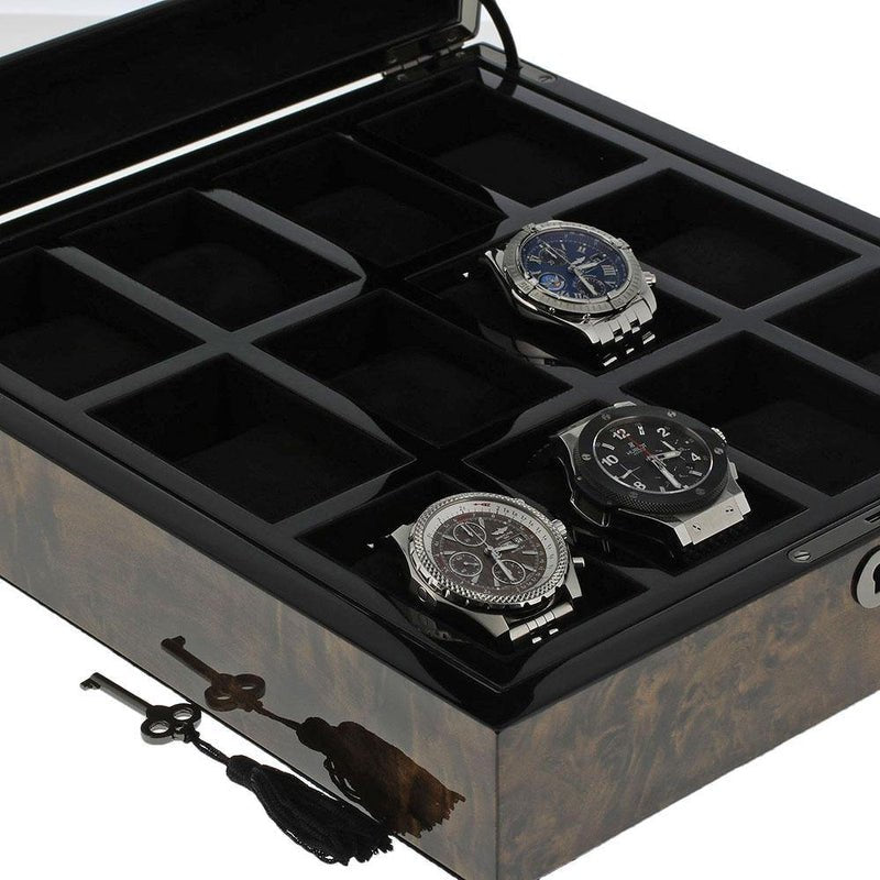 Dark Burl Wood Watch Box for 12 Watches Premium Quality