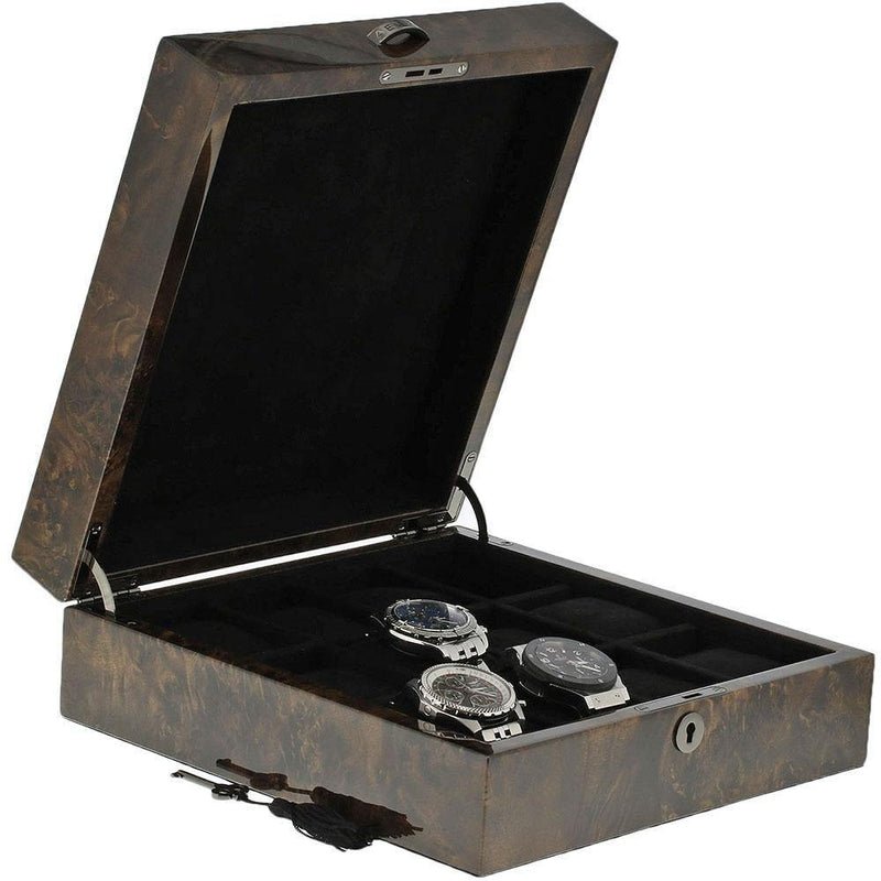 Dark Burl Wood Watch Box for 12 Watches with Solid Lid