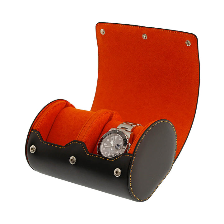 Double Watch Roll Case Premium Black Nappa Leather with Orange Lining by Aevitas