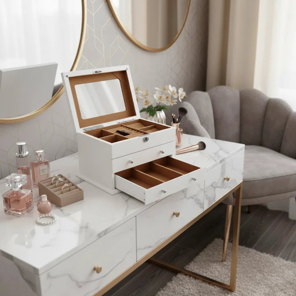 An Extra Large Premium Jewellery Box in white wood with camel lining by Aevitas Watch Winders sits atop a marble vanity, surrounded by perfume bottles and makeup. In the background, a round mirror, gray armchair, and flowers complete the elegant scene.