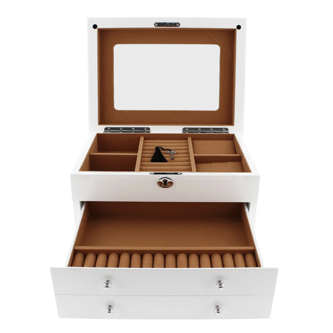 The Extra Large Premium Jewellery Box in white wood by Aevitas Watch Winders features a mirrored open lid, multiple jewellery compartments, an open drawer with ring rows, and a camel-coloured fabric lining.