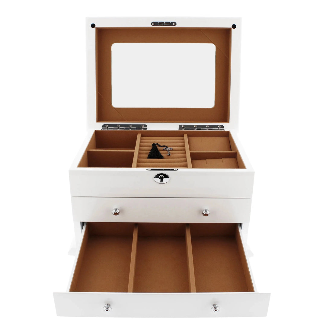 The Extra Large Premium Jewellery Box White Wood with Camel Colour Lining by Aevitas features a hinged lid with mirror, multiple top compartments, lock and key, and an open lower drawer with three sections for elegant jewellery storage.