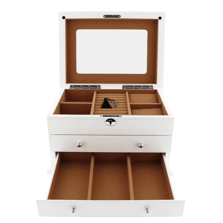 The Extra Large Premium Jewellery Box White Wood with Camel Colour Lining by Aevitas features a hinged lid with mirror, multiple top compartments, lock and key, and an open lower drawer with three sections for elegant jewellery storage.