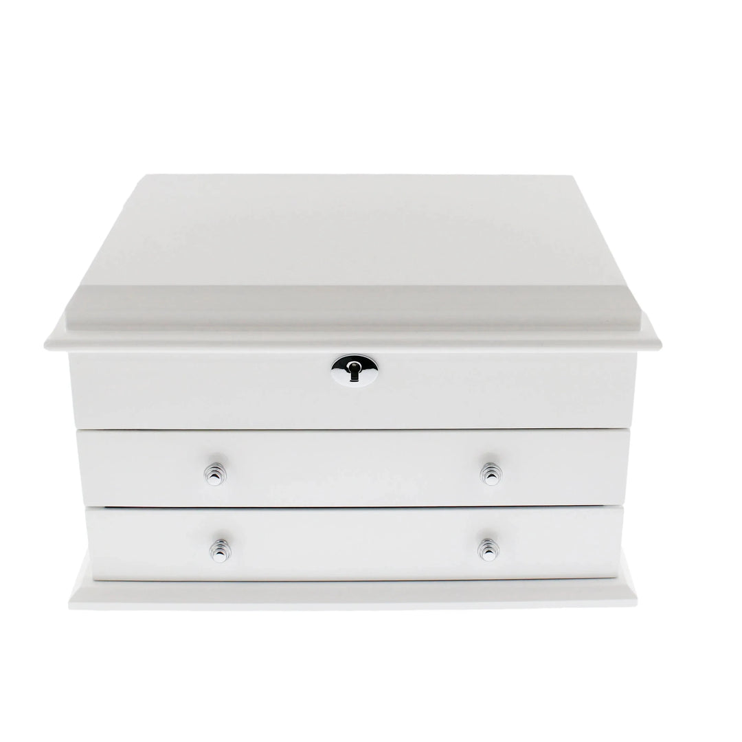 The Extra Large Premium Jewellery Box by Aevitas Watch Winders is crafted from glossy white wood, with a camel colour lining, front lock, and two drawers with silver knobs, offering elegant storage for your jewellery.