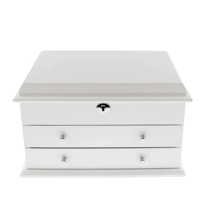The Extra Large Premium Jewellery Box by Aevitas Watch Winders is crafted from glossy white wood, with a camel colour lining, front lock, and two drawers with silver knobs, offering elegant storage for your jewellery.