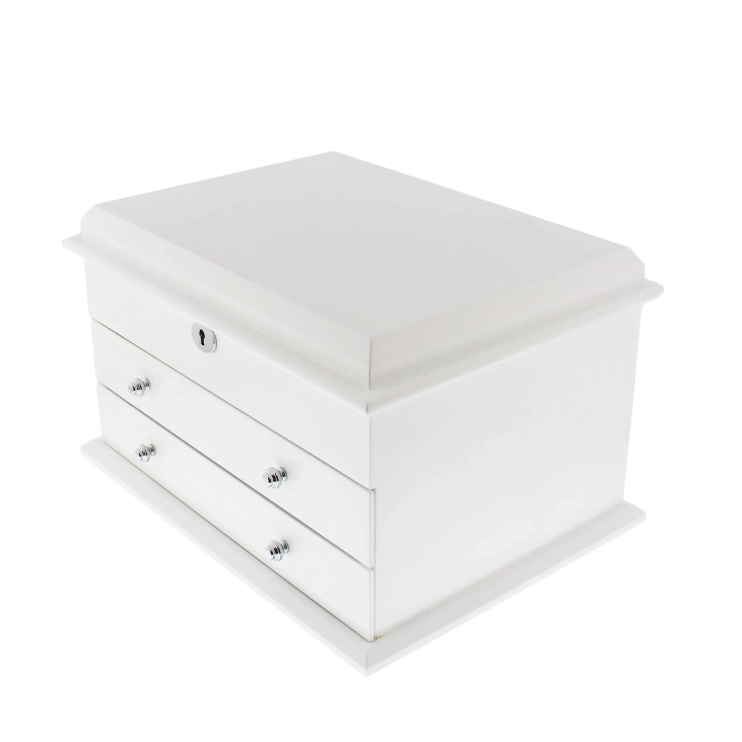 The Extra Large Premium Jewellery Box in white wood with camel colour lining by Aevitas Watch Winders is perfect for storing premium jewellery.