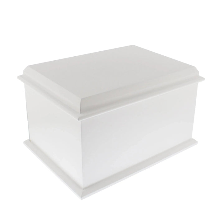 The Extra Large Premium Jewellery Box by Aevitas Watch Winders features glossy white wood with a camel colour lining, a rectangular shape, smooth edges, and a slightly domed lid, shown here on a white background.