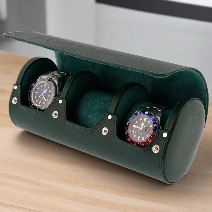 Green Genuine Leather Triple Watch Roll Travel Case by Aevitas