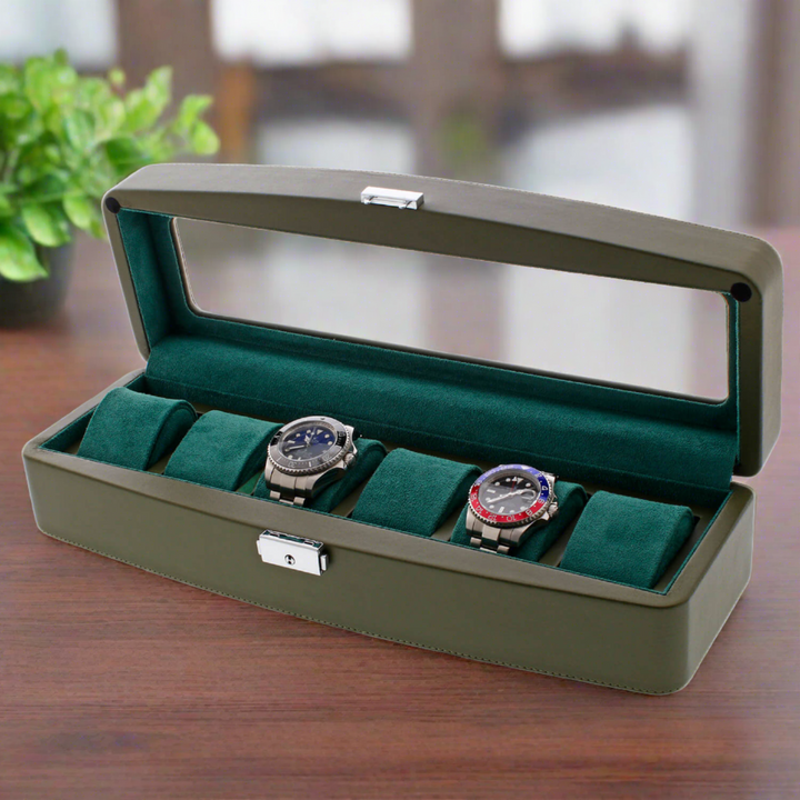 Green Leather 6 Watch Box with Glass Lid Premium Quality by Aevitas