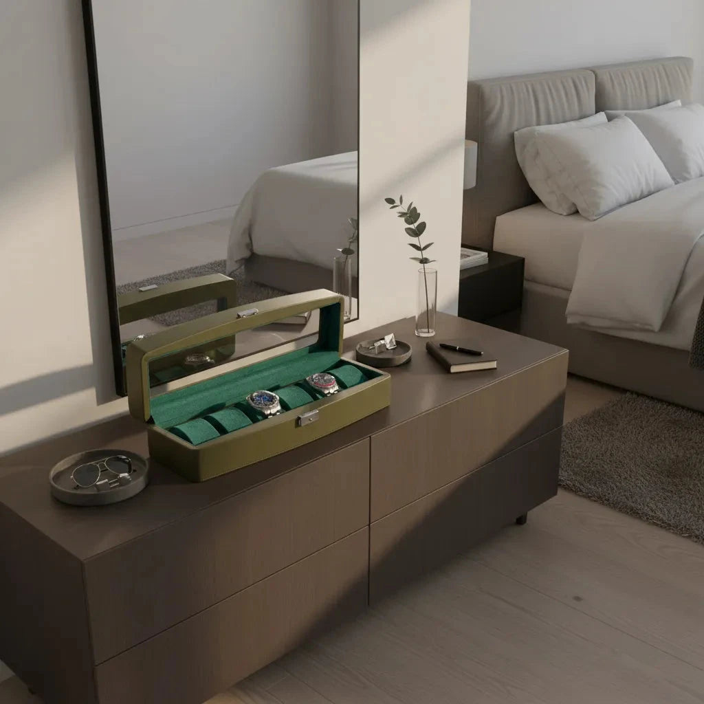 The Aevitas Green Leather 6 Watch Box with Glass Lid, a premium quality watch storage solution, sits on a wooden dresser in a modern minimal bedroom as sunlight from the window highlights its elegant design and the simple decor.