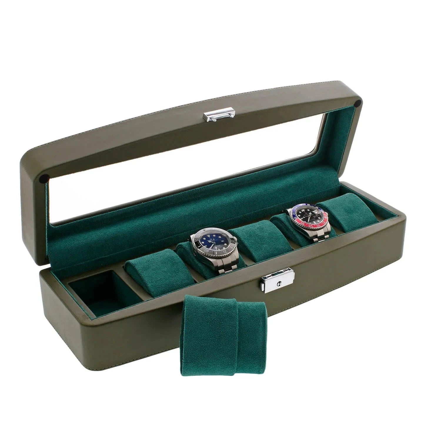 Green Leather 6 Watch Box with Glass Lid Premium Quality by Aevitas