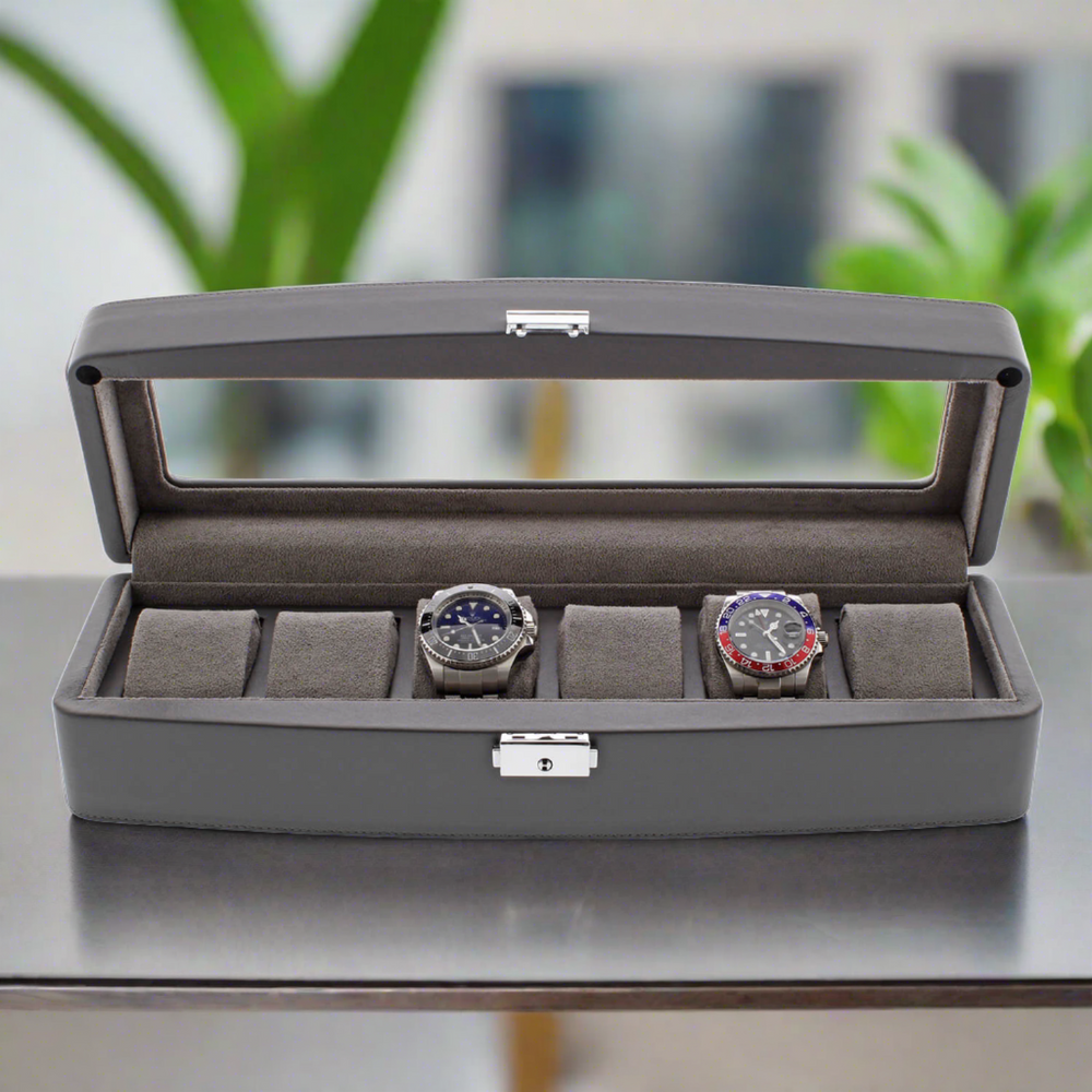 Grey Leather 6 Watch Box with Glass Lid Premium Quality by Aevitas