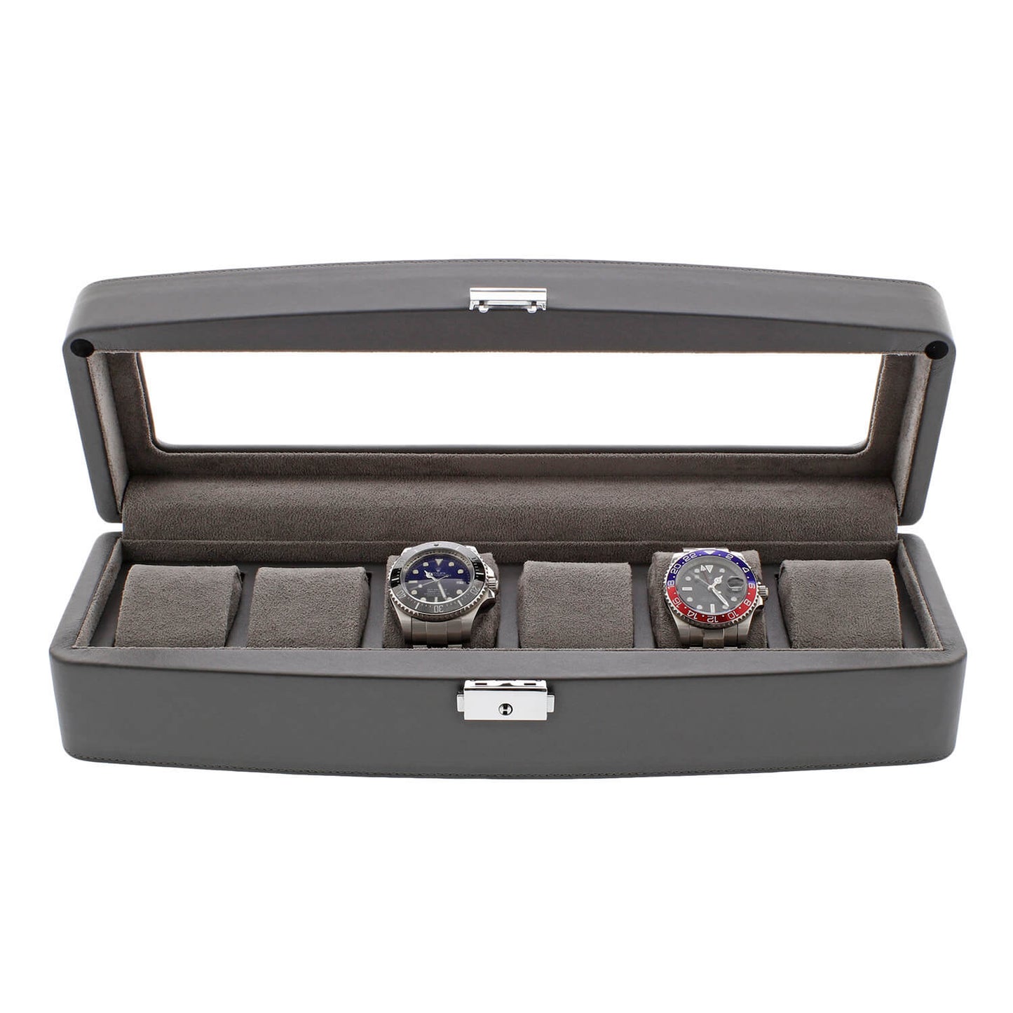 Grey Leather 6 Watch Box with Glass Lid Premium Quality by Aevitas