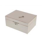 Compact ivory Saffiano faux leather jewellery box with a silver lock and matching key on top.