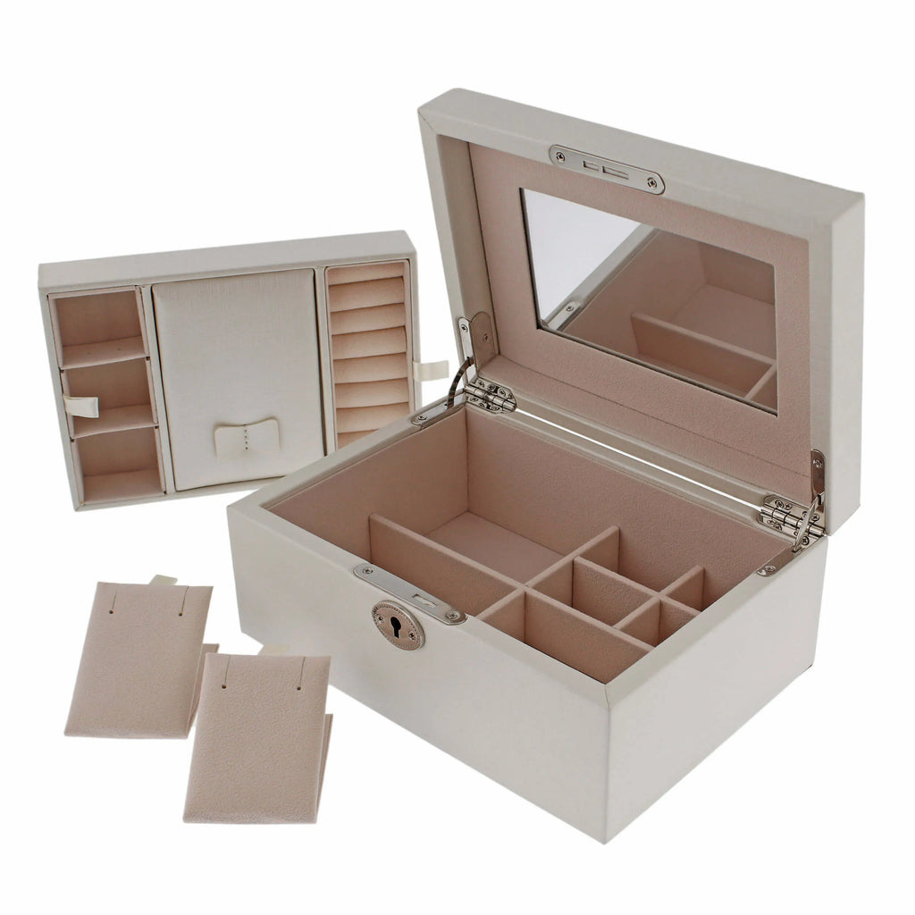 Ivory Saffiano faux leather jewellery box with a lockable lid, internal mirror, and removable compartmentalized storage tray.
