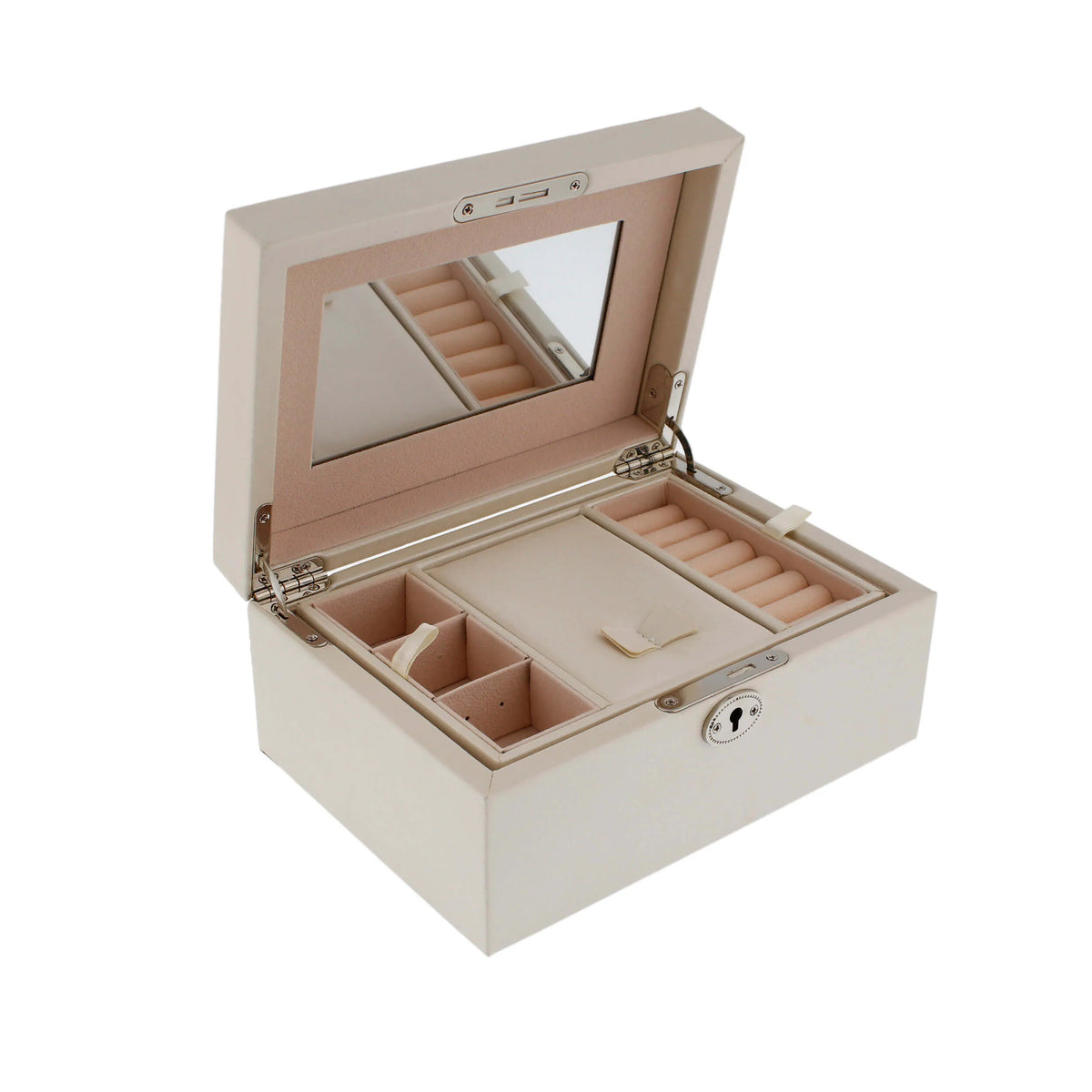 Compact ivory Saffiano faux leather jewellery box with a lock, internal mirror, and compartmentalized velvet-lined tray.