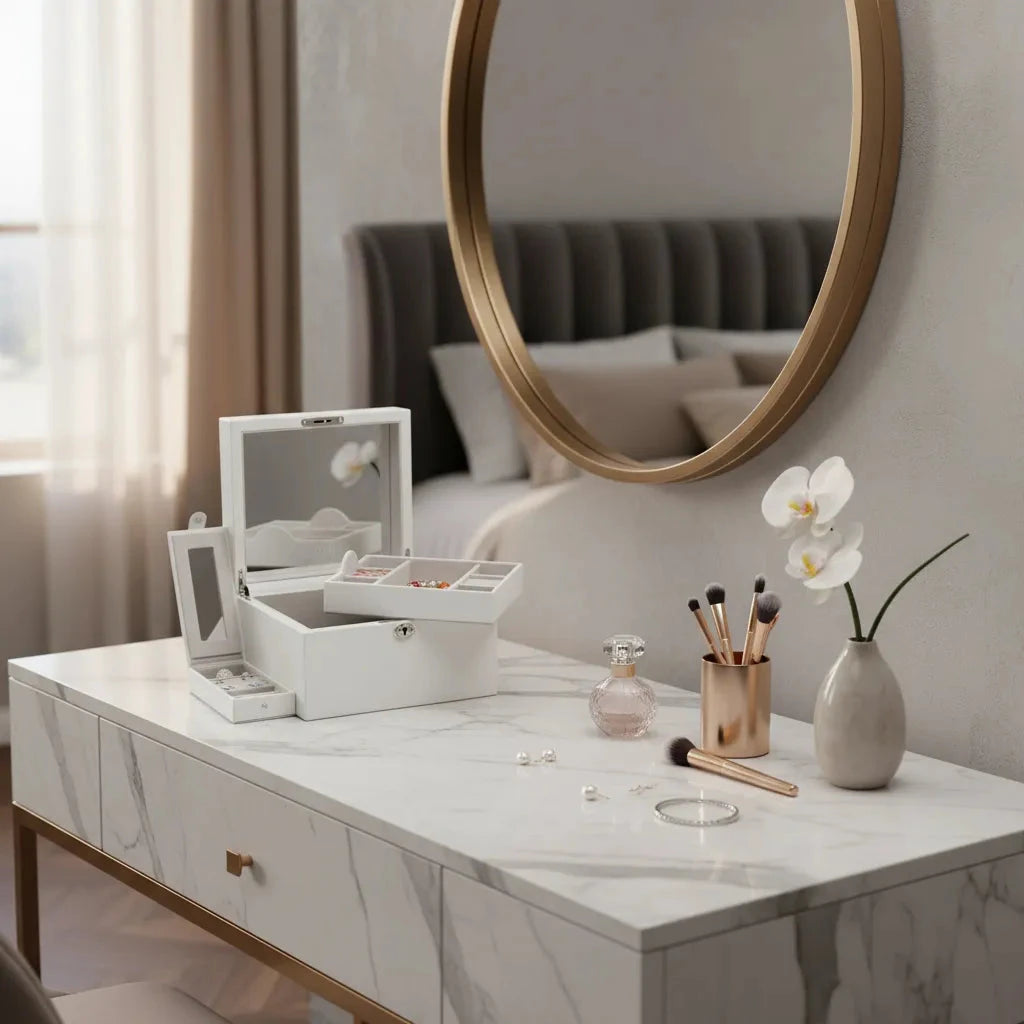 A marble-topped vanity with a gold-framed round mirror, makeup brushes in a gold holder, a perfume bottle, white orchid, pearl jewelry, and the Aevitas Large Size Ivory Bonded Leather Jewellery Box. A bed is visible in the background.