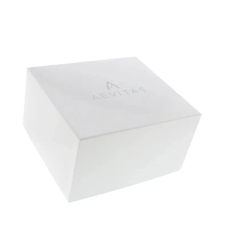 The Large Size Ivory Bonded Leather Jewellery Box by Aevitas features a minimalist logo and brand name on the lid, shown against a plain white background.