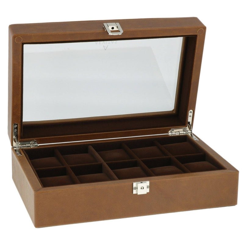 Leather 10 Watch Box Cognac Brown Genuine Leather Velvet Lining by Aevitas