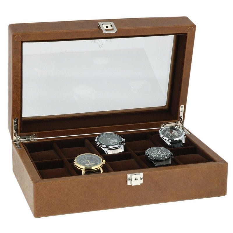 Leather 10 Watch Box Cognac Brown Genuine Leather Velvet Lining by Aevitas