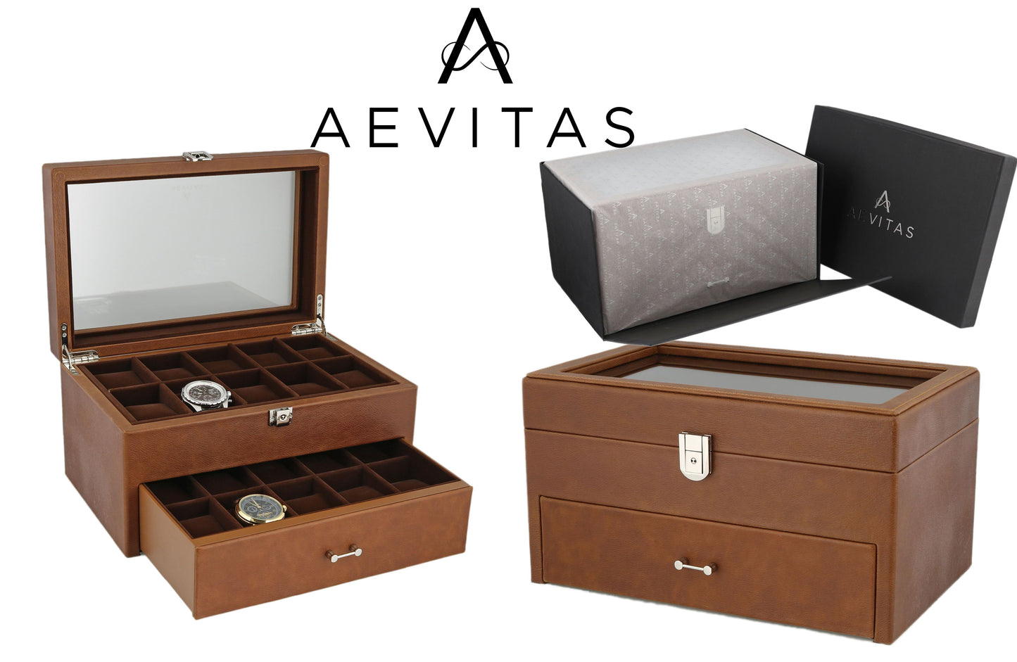 Leather 20 Watch Box Cognac Brown Genuine Leather Velvet Lining by Aevitas