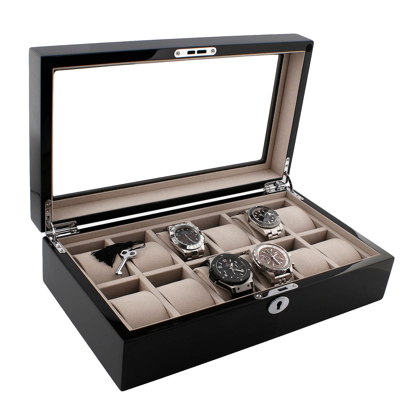 12 Watch Box in Piano Black Gloss Finish with Grey Luxury Lining by Aevitas