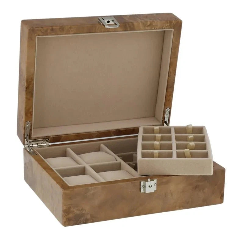 Light Burl Walnut Solid Top Collectors Box for 4 Watches and 16 Pair Cufflinks by Aevitas