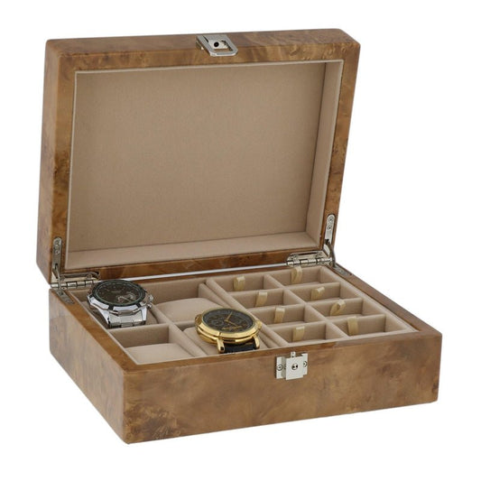 Light Burl Walnut Solid Top Collectors Box for 4 Watches and 16 Pair Cufflinks by Aevitas