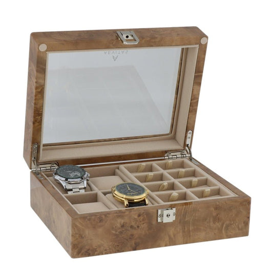 Light Burl Walnut Wood Collectors Box for 4 Watches and 16 Pair Cufflinks by Aevitas