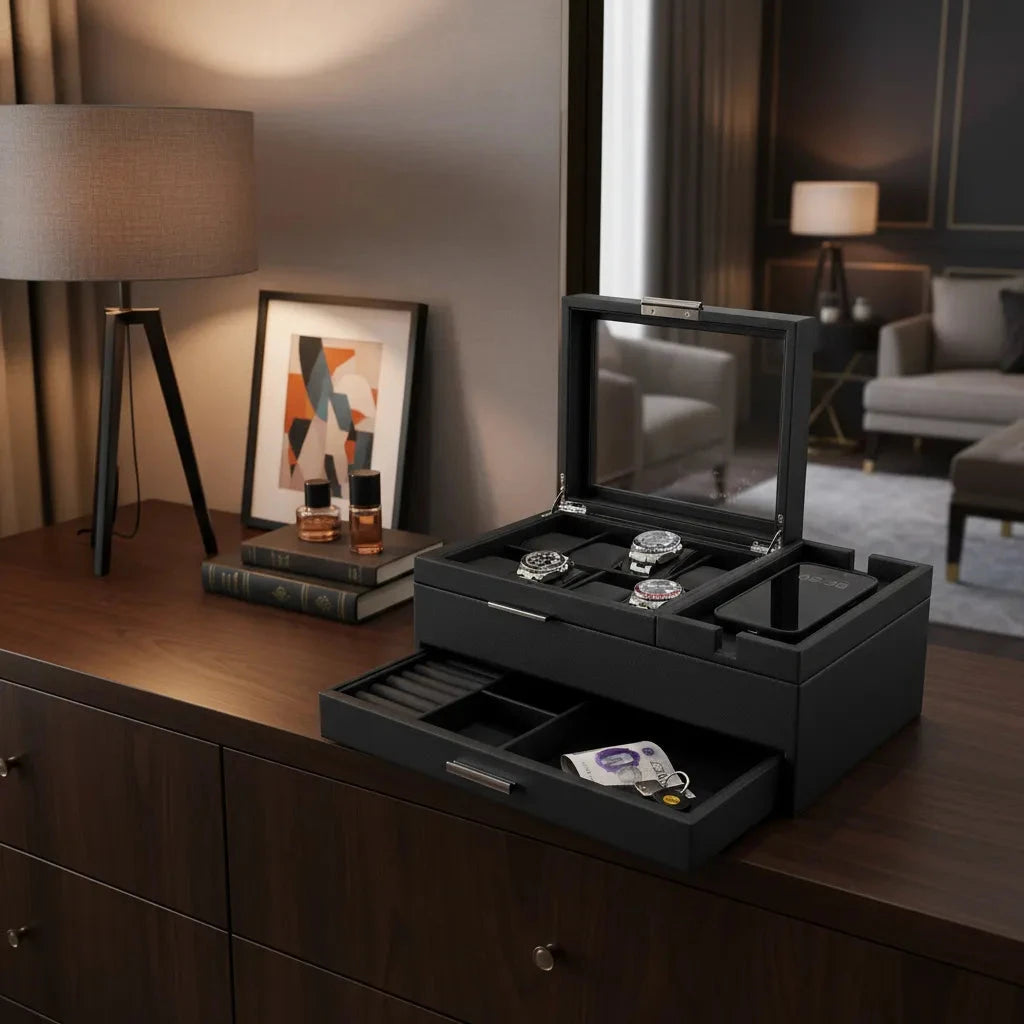 The Aevitas Men's Large Black Valet Tray with 8 Watch Holders, crafted in vegan leather with a glass lid, is open on a wooden dresser displaying watches and jewelry, accompanied by a lamp, two perfume bottles, and abstract art.