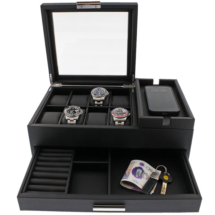 Men's Large Black Valet Tray with 8 Watch Holders by Aevitas