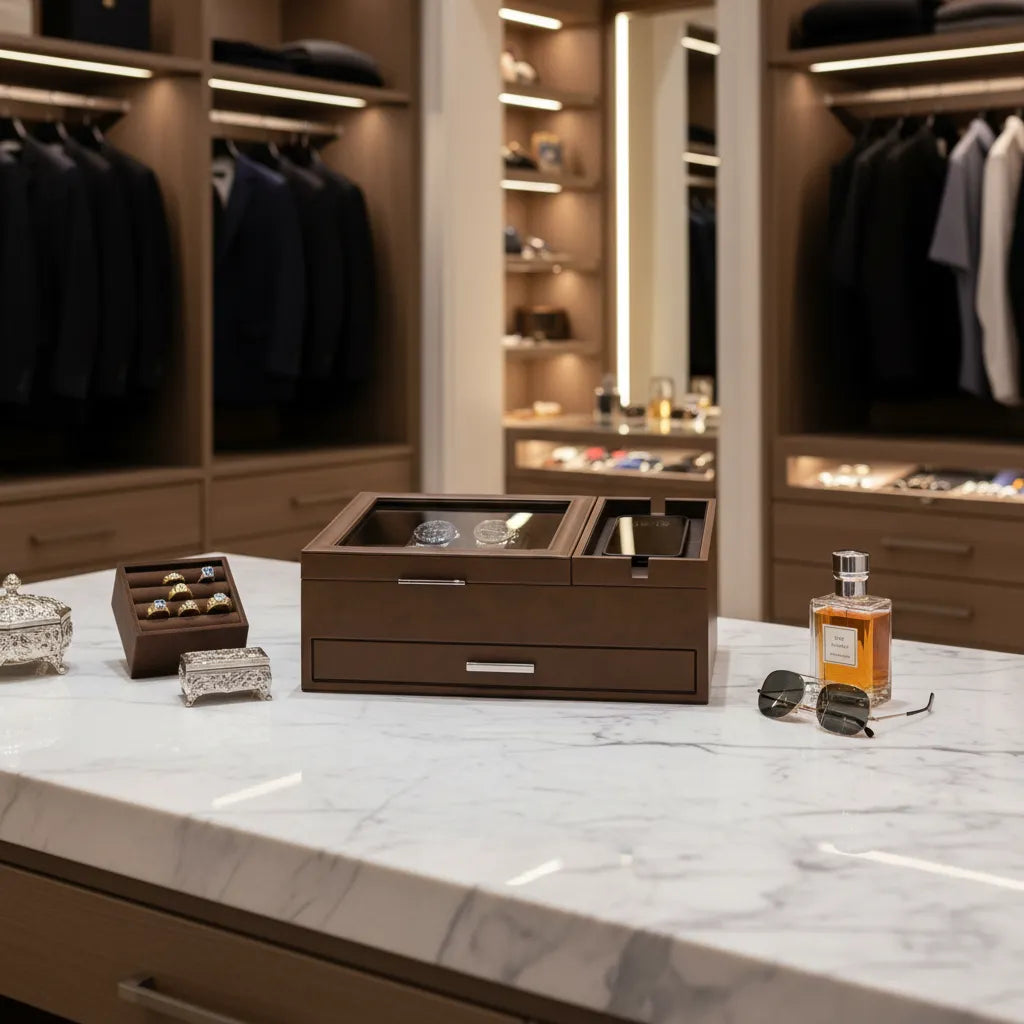 A marble countertop displays the Aevitas Men's Large Brown Valet Tray with 8 Watch Holders, a wooden jewelry box, rings, cologne, and sunglasses in a walk-in closet with suits and shelves in the background.