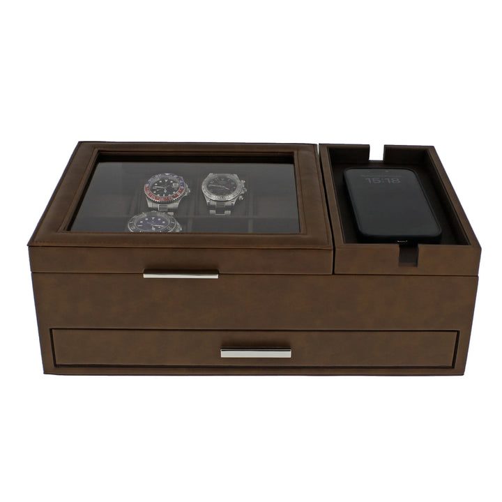 The Aevitas Men's Large Brown Valet Tray features 8 watch holders, a glass display, a slot for your smartphone, and a drawer with a silver handle.