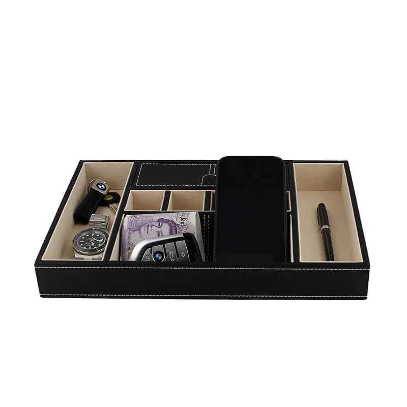 Men's Valet Tray Organiser Black Smooth Leather Finish by Aevitas