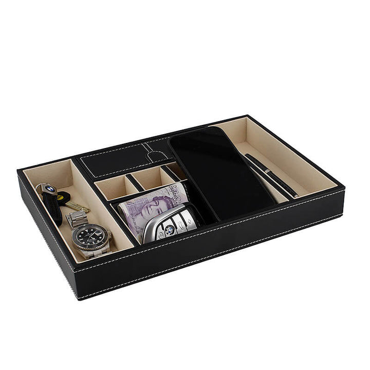 Men's Valet Tray Organiser Black Smooth Leather Finish by Aevitas