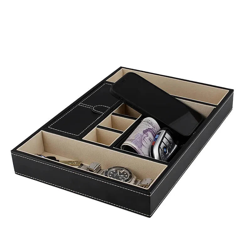 Men's Valet Tray Organiser Black Smooth Leather Finish by Aevitas
