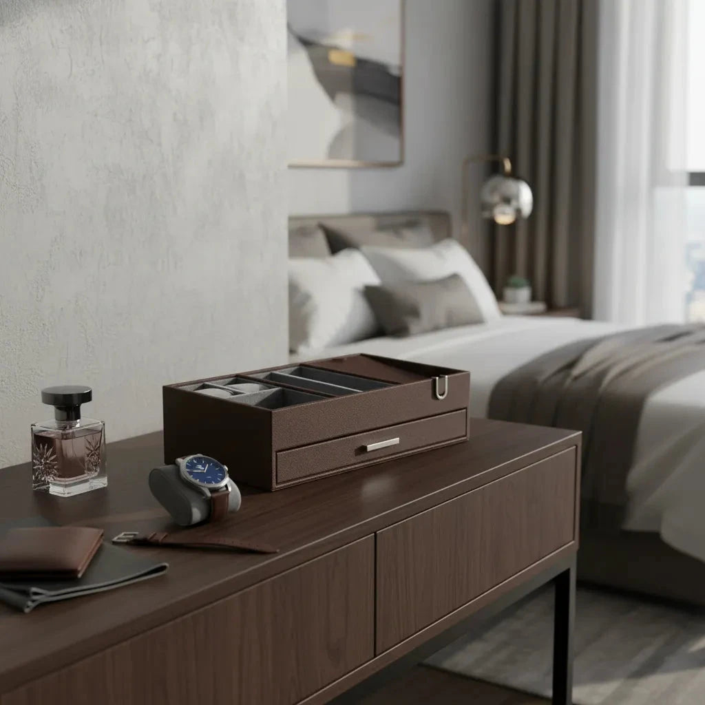 Men's Valet Tray Organiser in Brown Saffiano Leather Finish by Aevitas