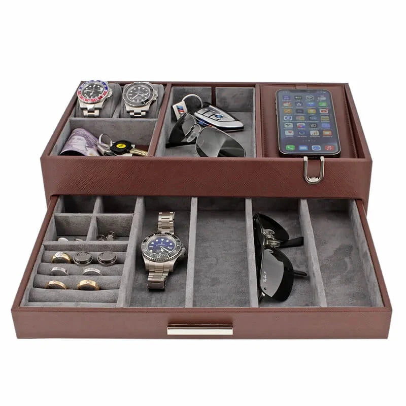 Men's Valet Tray Organiser in Brown Saffiano Leather Finish by Aevitas