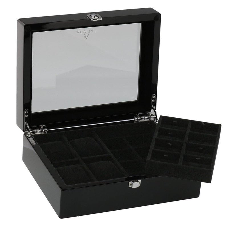 Piano Black Wooden Watch Collectors Box for 4 Watches and 16 Pair Cufflinks by Aevitas