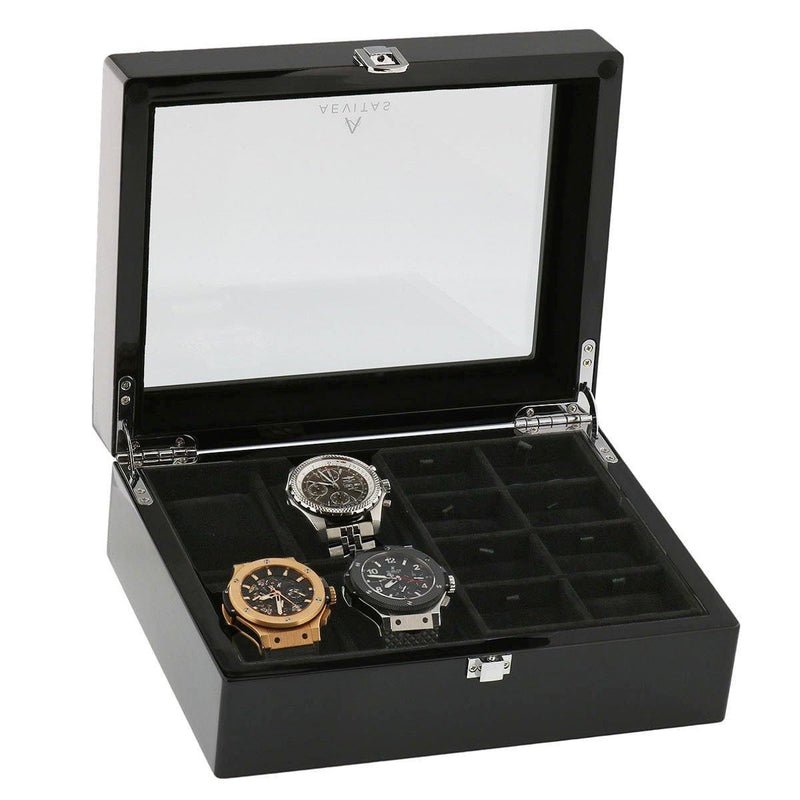 Piano Black Wooden Watch Collectors Box for 4 Watches and 16 Pair Cufflinks by Aevitas