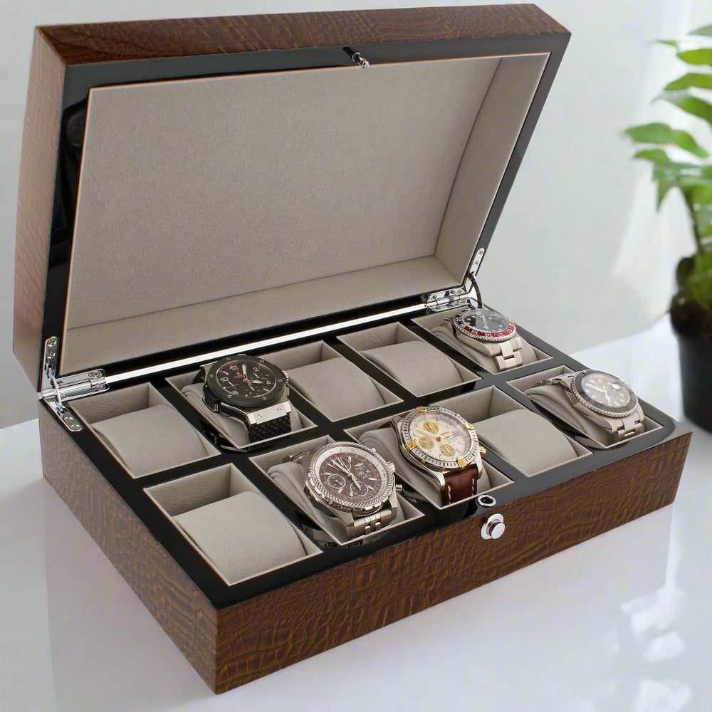 Premium 10 Watch Box in Brown High Gloss Lacquered Crocodile Print Finish by Aevitas